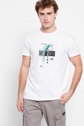 Funky Buddha ανδρικό βαμβακερό T-shirt μονόχρωμο με graphic print μπροστά - FBM007-059-04 Λευκό S